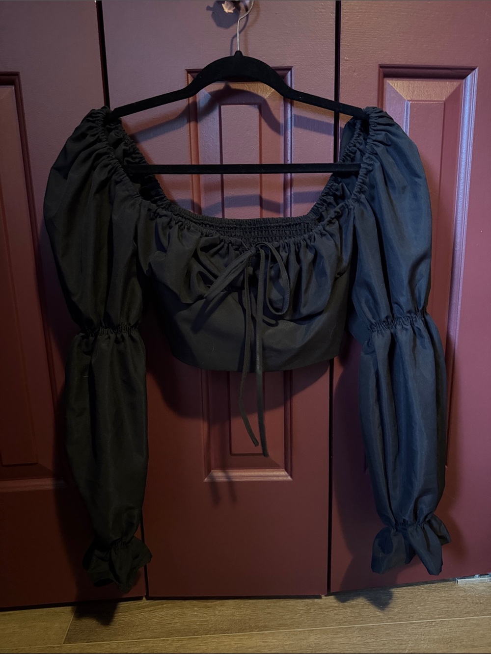 Smocked Off-Shoulder Crop Top with Balloon Sleeves - Black